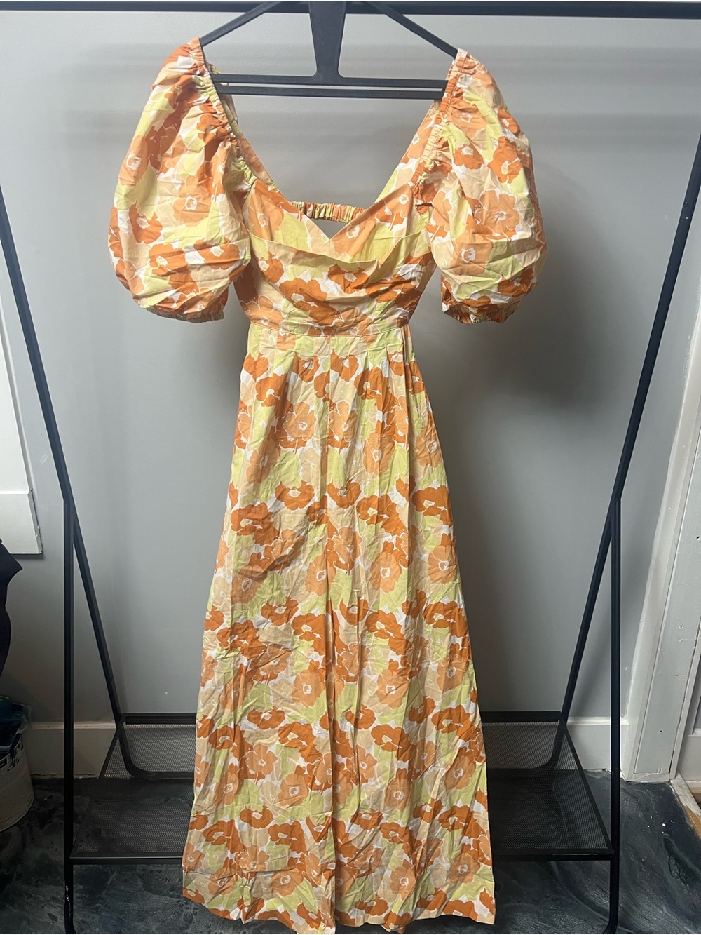 Floral Puff-Sleeve Maxi Jumper in Orange and Yellow